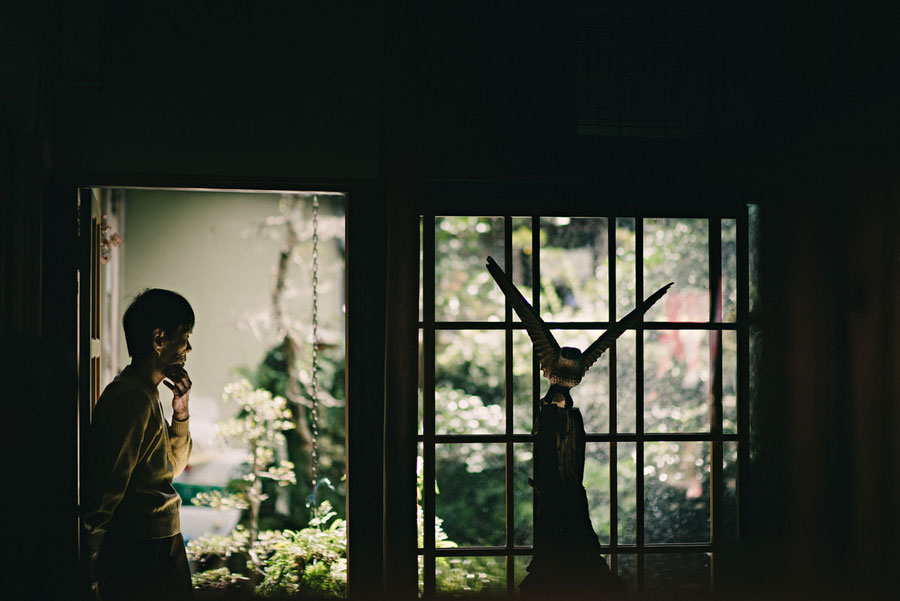 Silhouette of a person standing in a dark traditional doorway with a garden visible through sliding screens