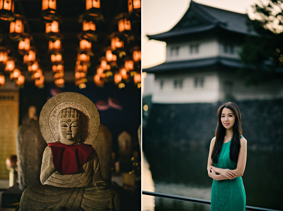 Diptych of a stone Jizo statue under glowing lanterns and a woman in green by a castle moat