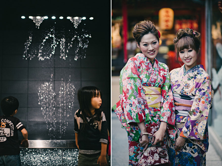 Diptych of a girl watching a water clock display and two women in colorful yukata on a street