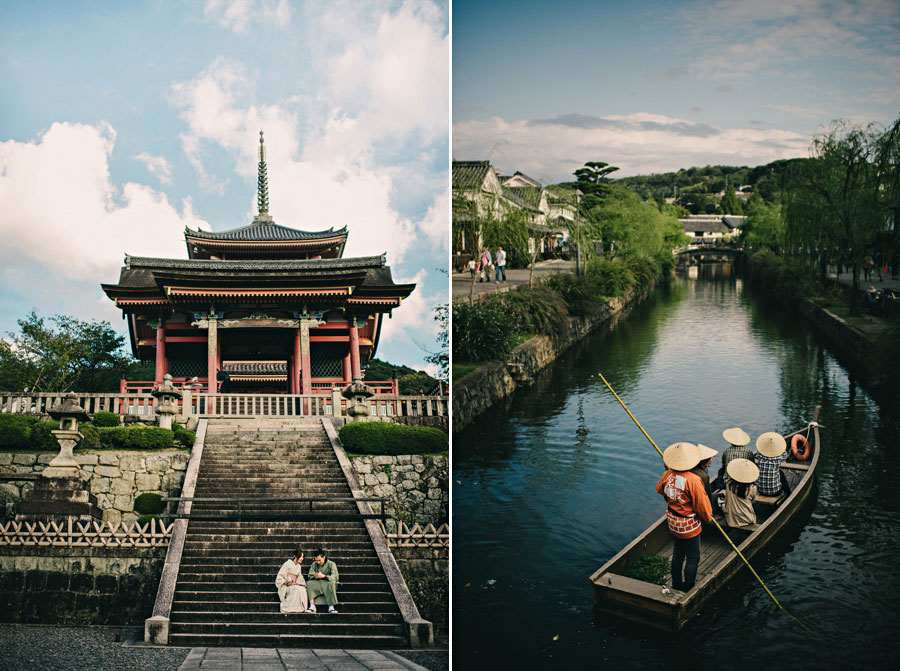 Diptych of Kiyomizu-dera pagoda on stone steps and boatmen in straw hats on a canal in Kurashiki