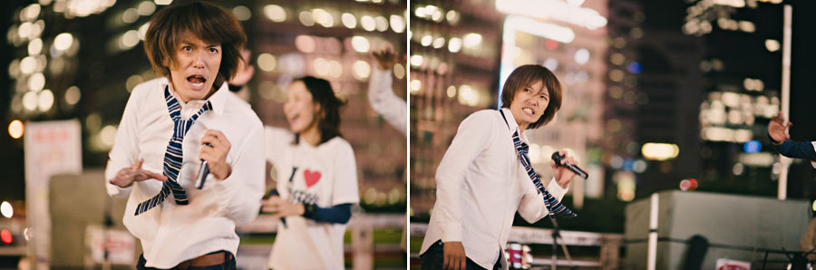 Diptych of an energetic street performer with a loose tie singing into a microphone at night