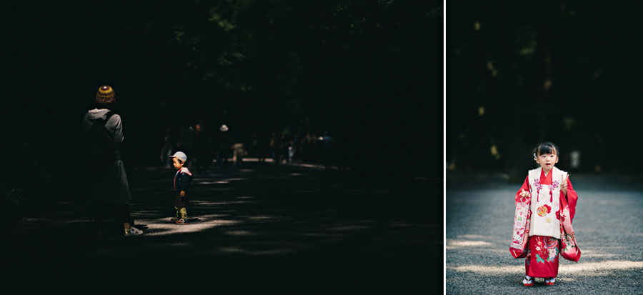 Diptych of a toddler in a shaft of light at a shrine and a young girl in a red kimono for Shichi-Go-San