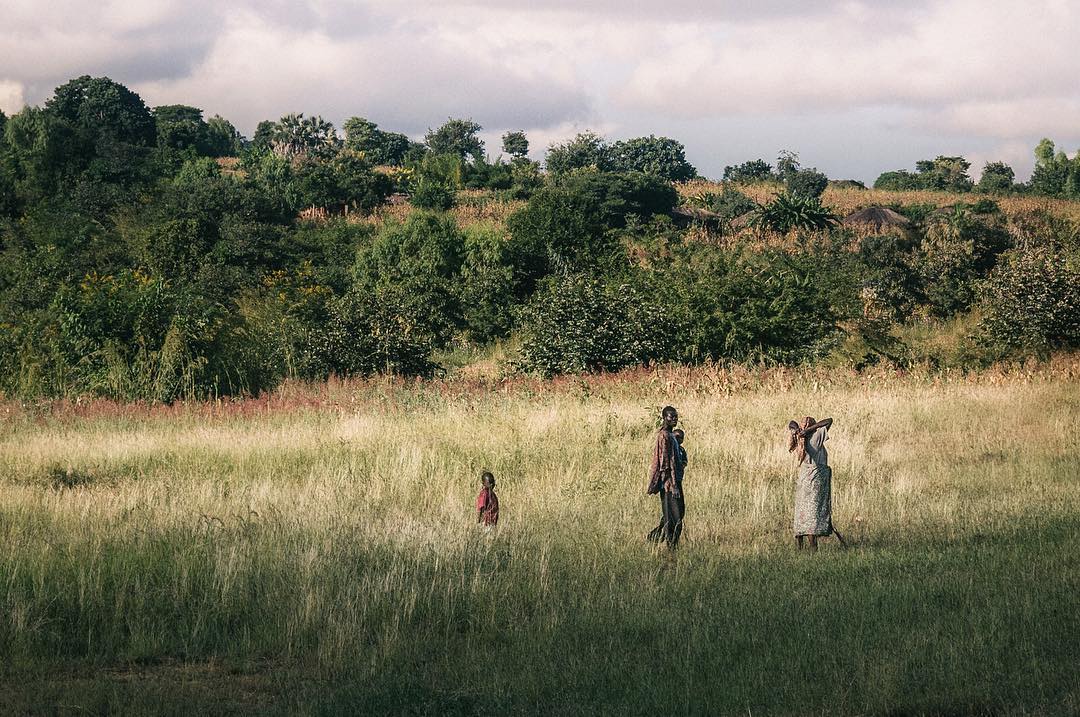 Family walking through tall savanna grass in rural East Africa